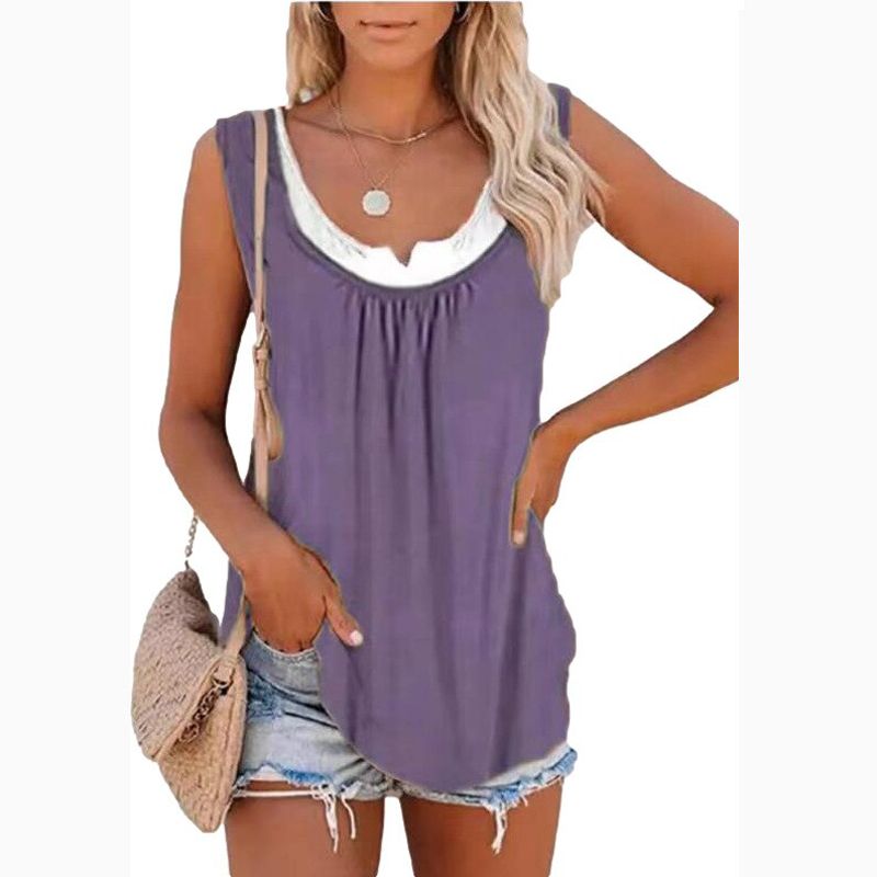 Summer Solid Color Stitching Sleeveless Pleated Vest Round Crew Casual Loose Tank Top Vintage Women's T-shirt Femmes