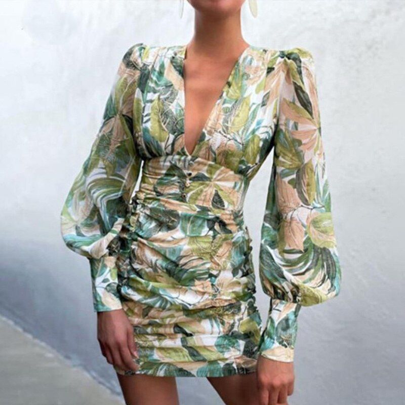 Women Deep V Neck Floral Print Long Lantern Sleeve Ruched Dress Summer Elegant Female Bodycon Party Dress Vestido
