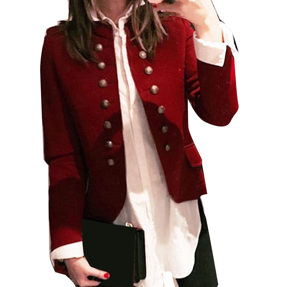 Lady Stand Collar Button Pocket Open Front Long Sleeve Coat Jacket Blazer