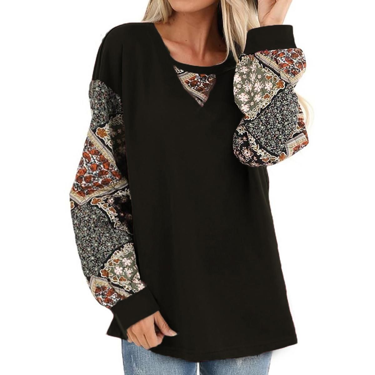 Women's Autumn and Winter Printed Lantern Sleeve Top Shirt Fashion Round Neck Long Sleeve T-Shirt