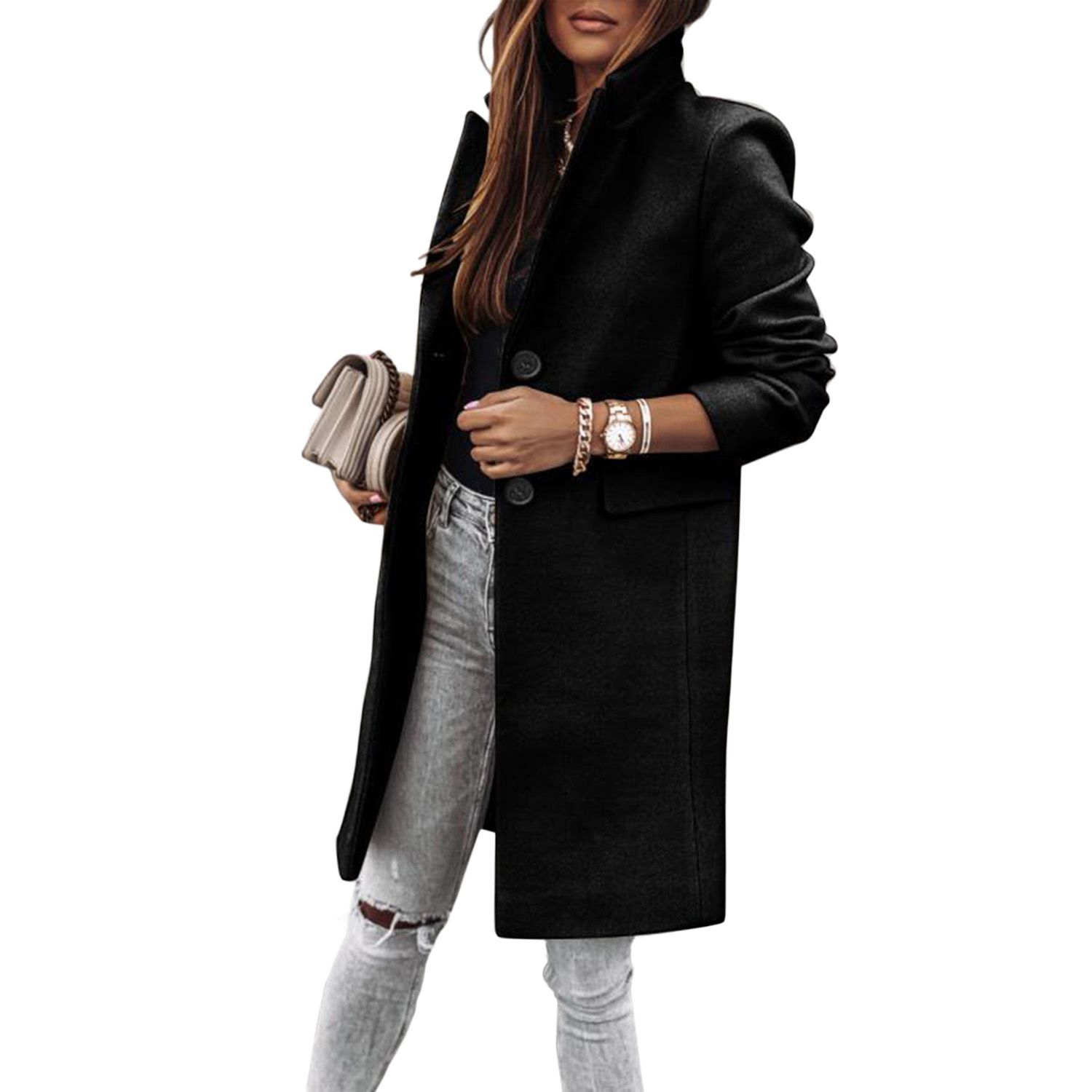 Female Overcoat, Solid Color Tailored Collar Long Sleeve Woolen Coat for Women, Khaki/Gray/Black/Off-White
