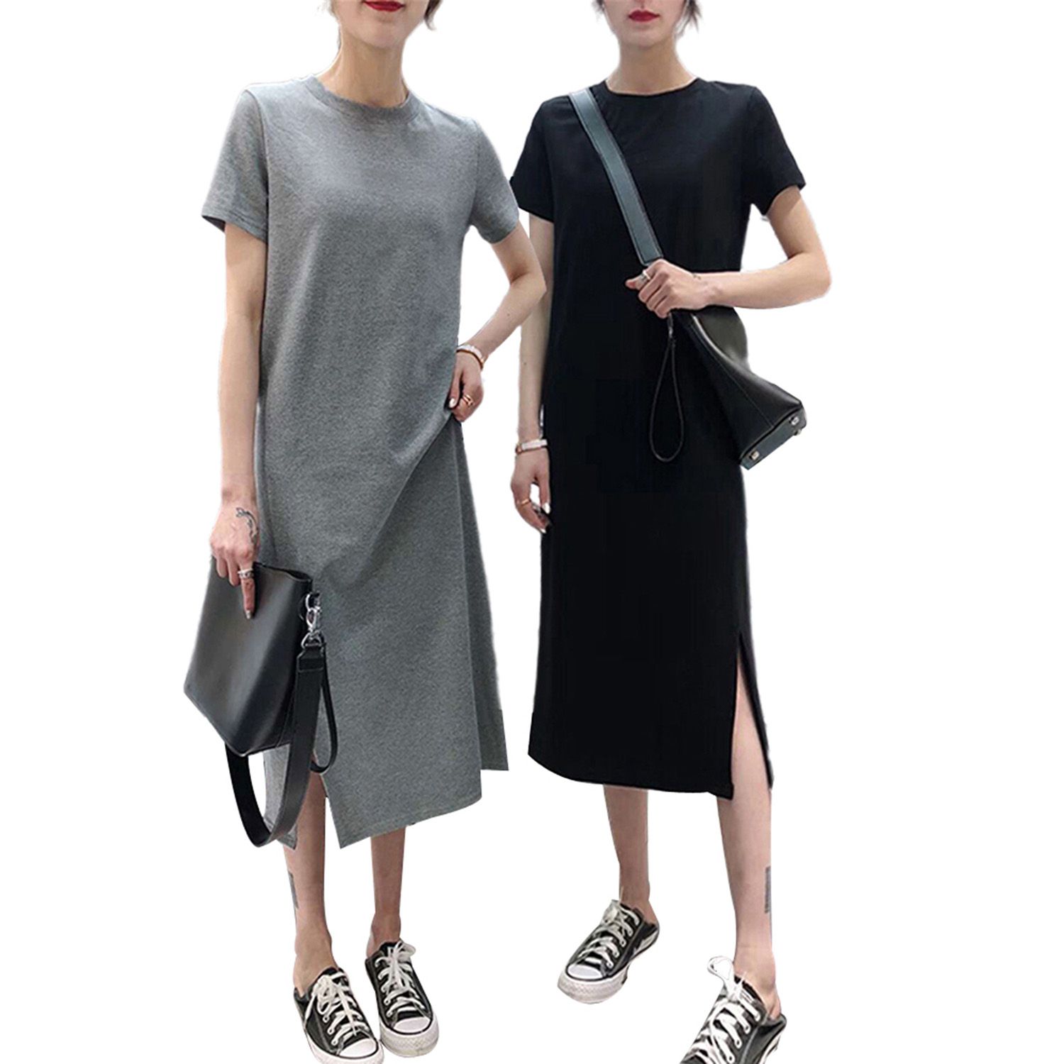 Summer Women's Dress Midi Oversized Long Shirt Bow Short Sleeve Girl Gifts Side Split Casual