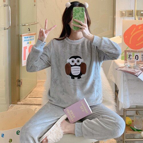 Warm Pajamas Women Winter Flannel Comfortable Pajama Sets For Female  Korean Style Lovely Cartoon 2 Piece Thick Tops+Pants