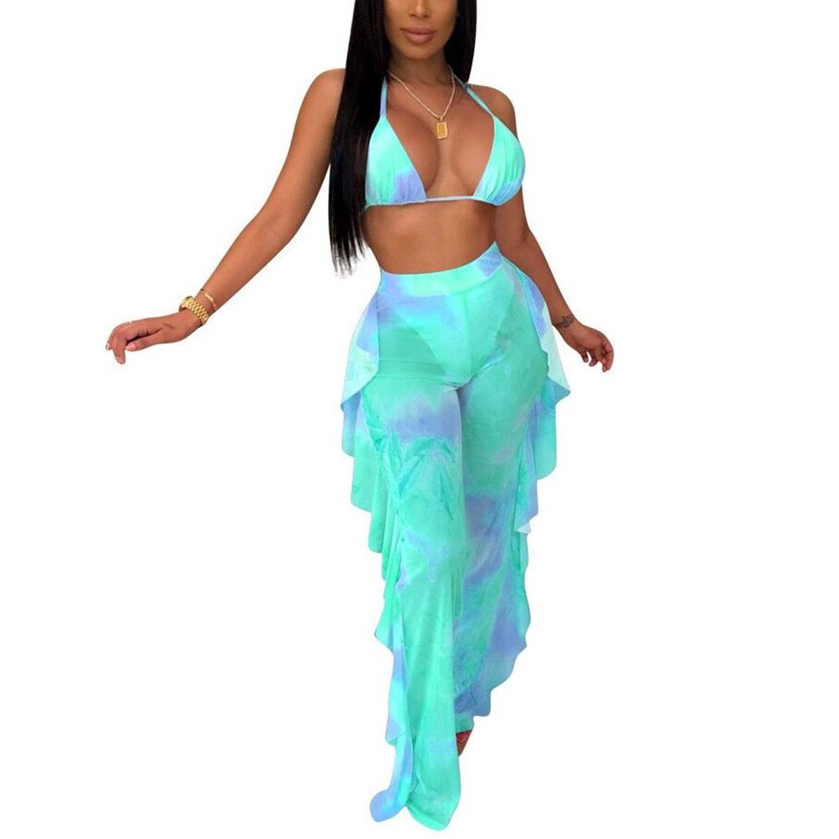 Women's Beach Bra, See-Through Trousers, Deep V-Neck Butterfly Printed Loose Flowing Summer Clothes