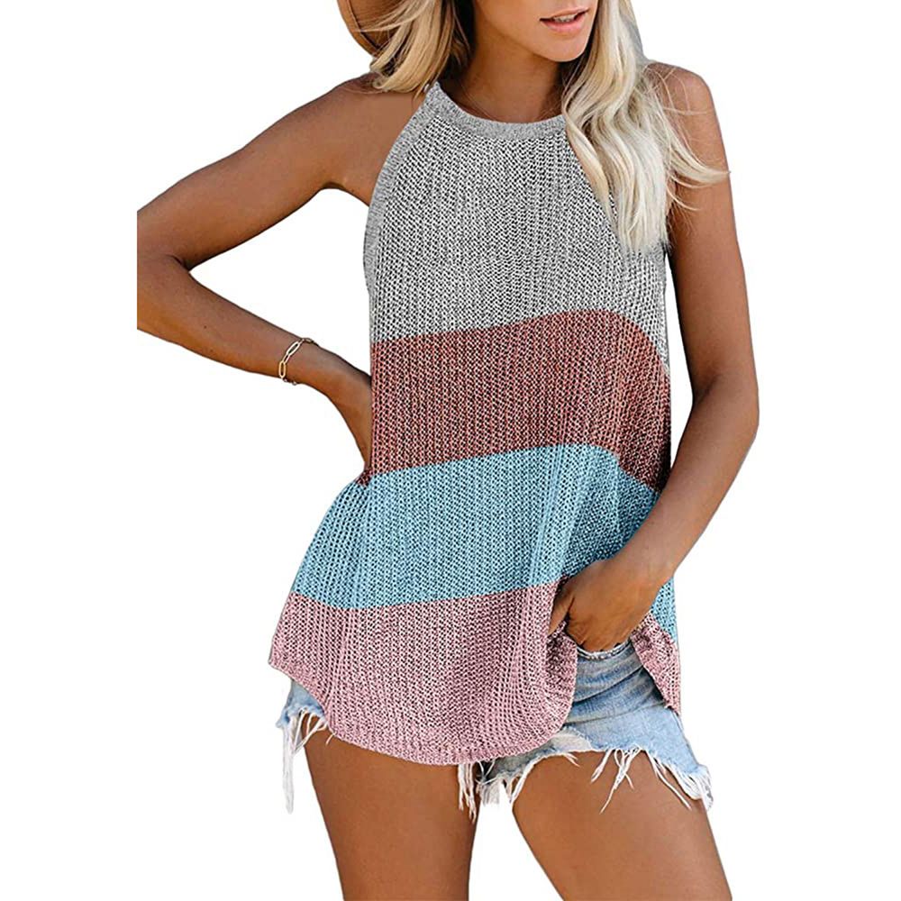 Summer Women Sleeveless Striped Halter Vest Tank Top Blouse