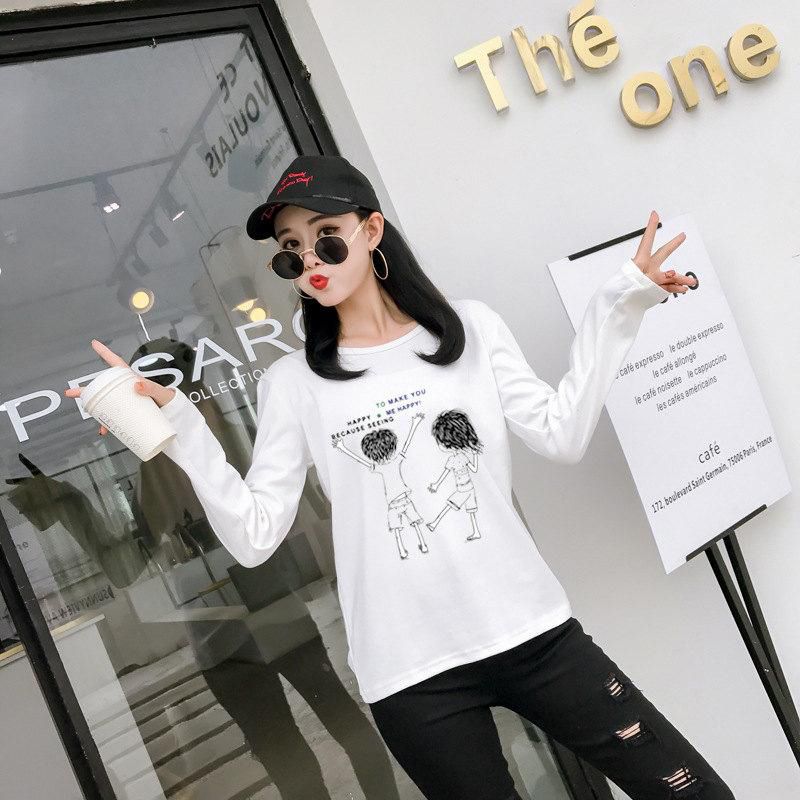 Korean Fashion European Station Women's T-Shirt Autumn Long-Sleeved Top Fashion Korean Women's Alphabet Round Neck Girl Bottom Shirt