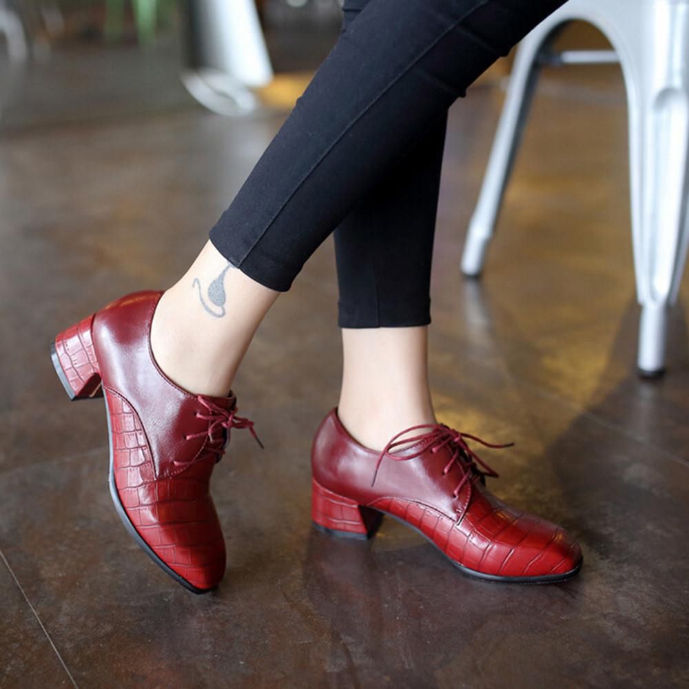 Lowest Price Boat Shoes Loafers For Women Rough Heel Single Shoes Lace-Up Casual Shoes Crocodile Pattern Ankle Boots