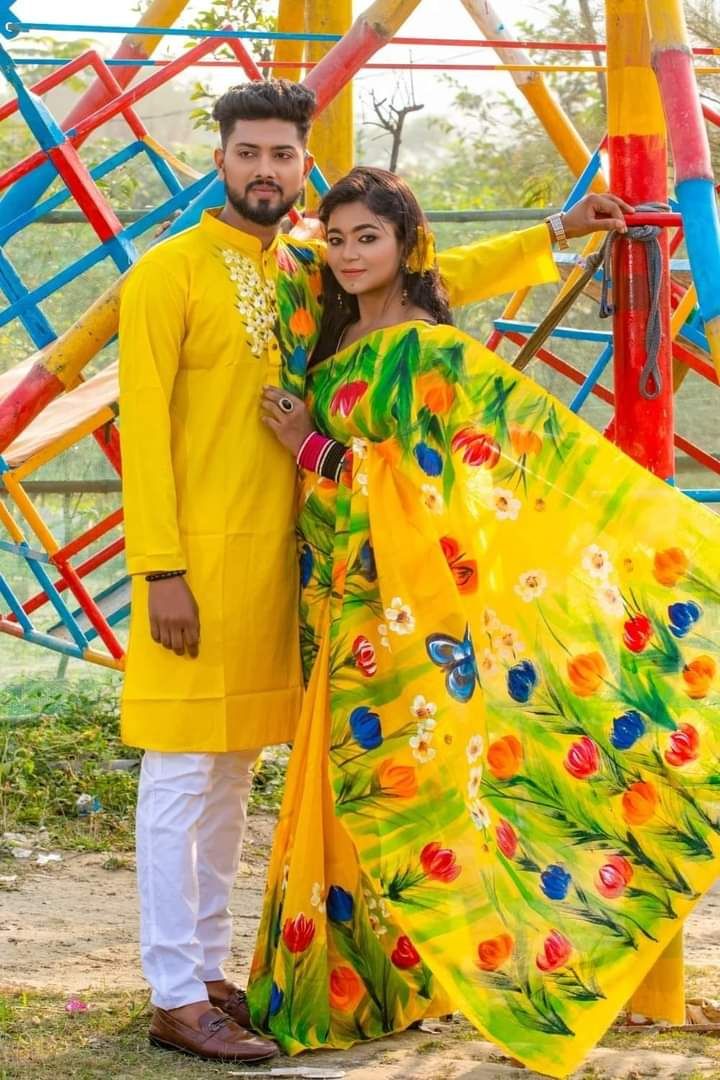 New Exclusive Designer Half Silk Hand Print Saree And Dhupian Panjabi For Combo Couple Dress