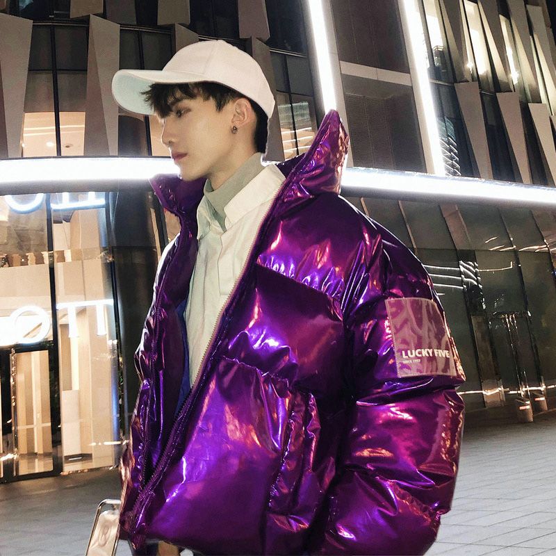 Winter collar loose bright leather fabric jacket wind thick warm coat men women couple purple cotton clothing