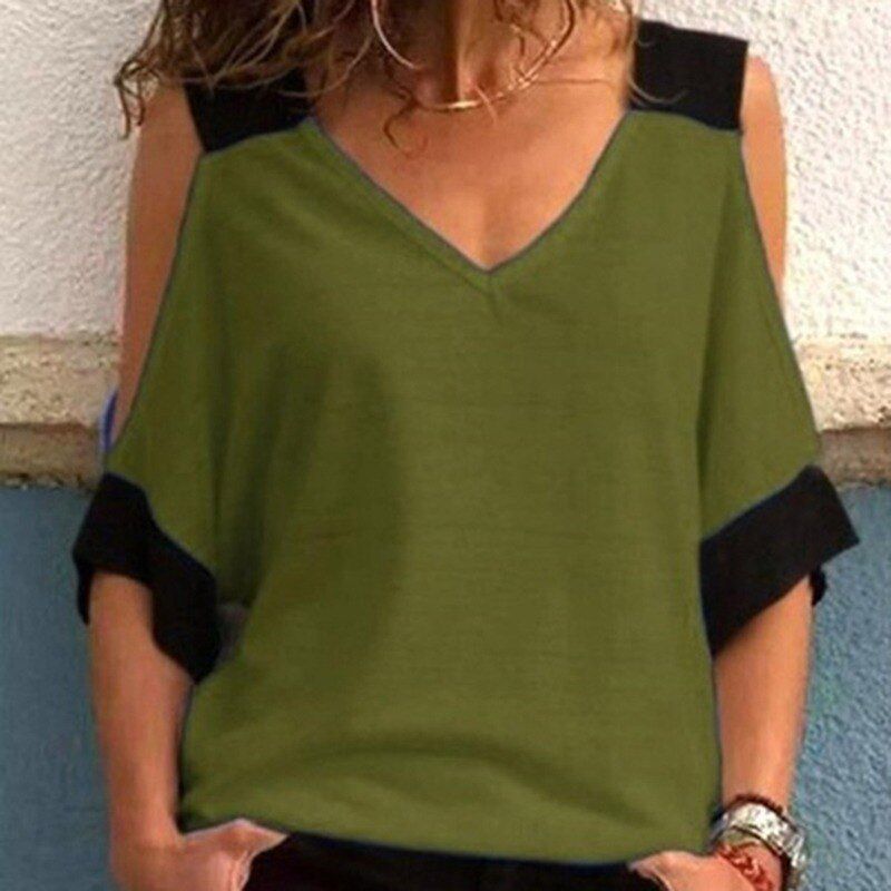 Women's Patchwork Cold Shoulder Off T-shirt Tops V-Neck Half Sleeve Female Tee Shirt Summer Autumn Casual T Shirt 2021 For Women
