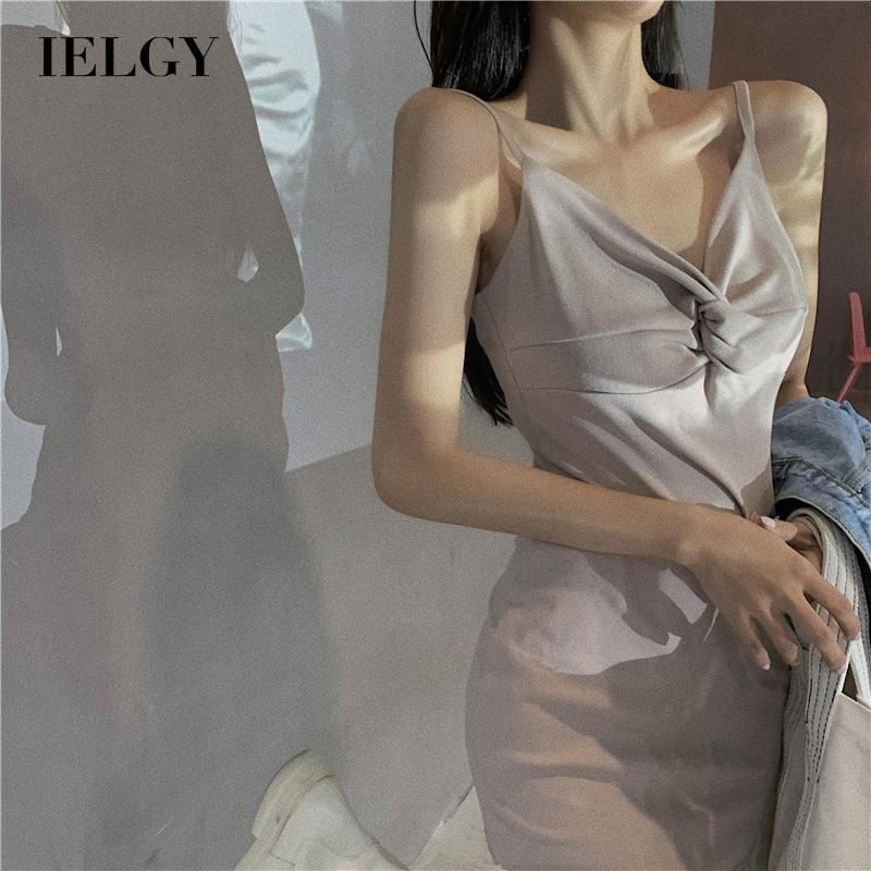 IELGY Woman's clothes Suspenders Short skirt Open back Thin Blue Dress Sleeveless Small High waist