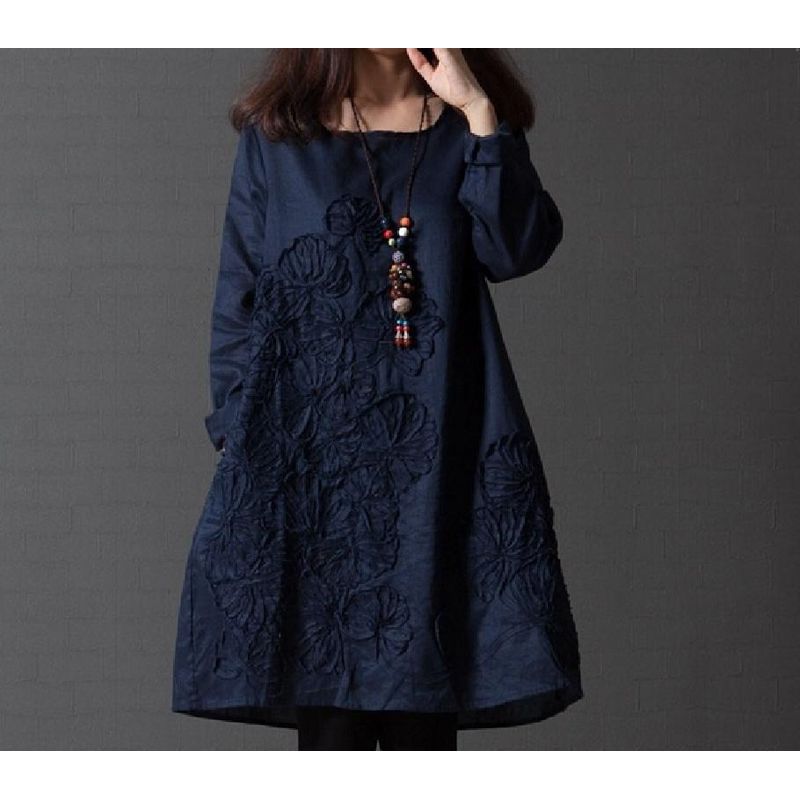 Women's Retro Clothing Loose Dress Round Neck Long Sleeve Embroidery Dress Elegant Casual Cotton Linen Dress