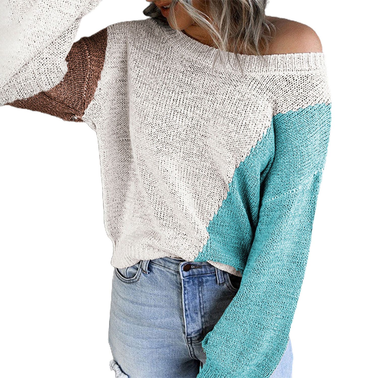 Autumn Sweater Contrast Colors Irregular Stitching Fall Blouse