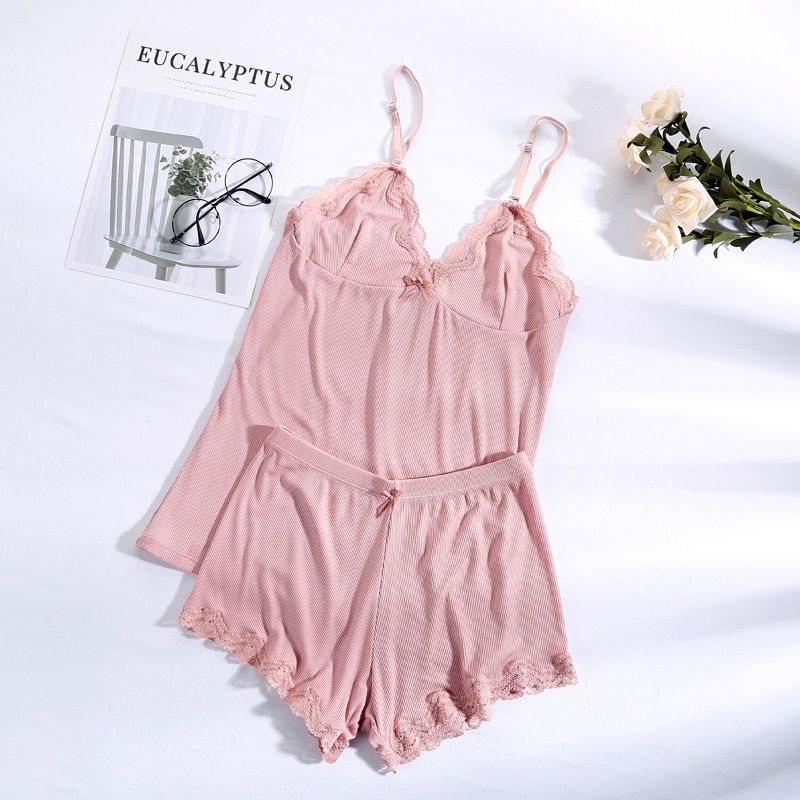 Women Pajamas V-neck Sleepwear Sexy Set Pajama Silk Nightwear Lace Homewear Strap Sleep Lounge Pyjama