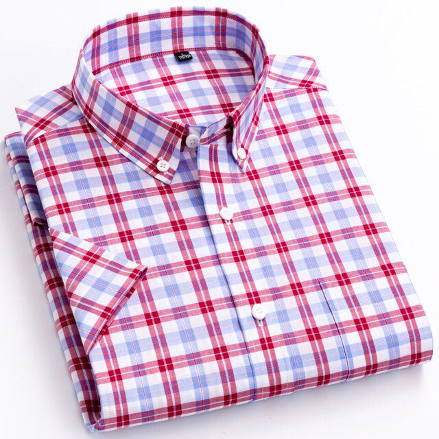 England Style Soft 100% Cotton Short Sleeve Shirts Single Patch Pocket Summer Casual Standard-fit Button-down Plaid Stripe Shirt
