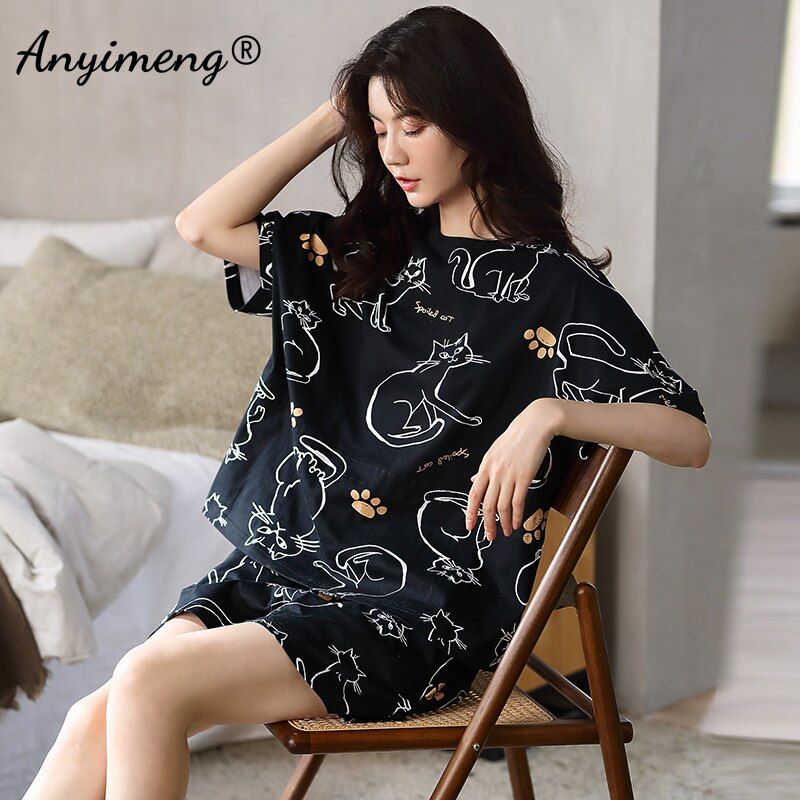 Women Pajamas 100% Cotton High Quality Sleepwear Yellow Smile Printing Chic Leisure Home Clothing Summer Shorts Pjs for Woman