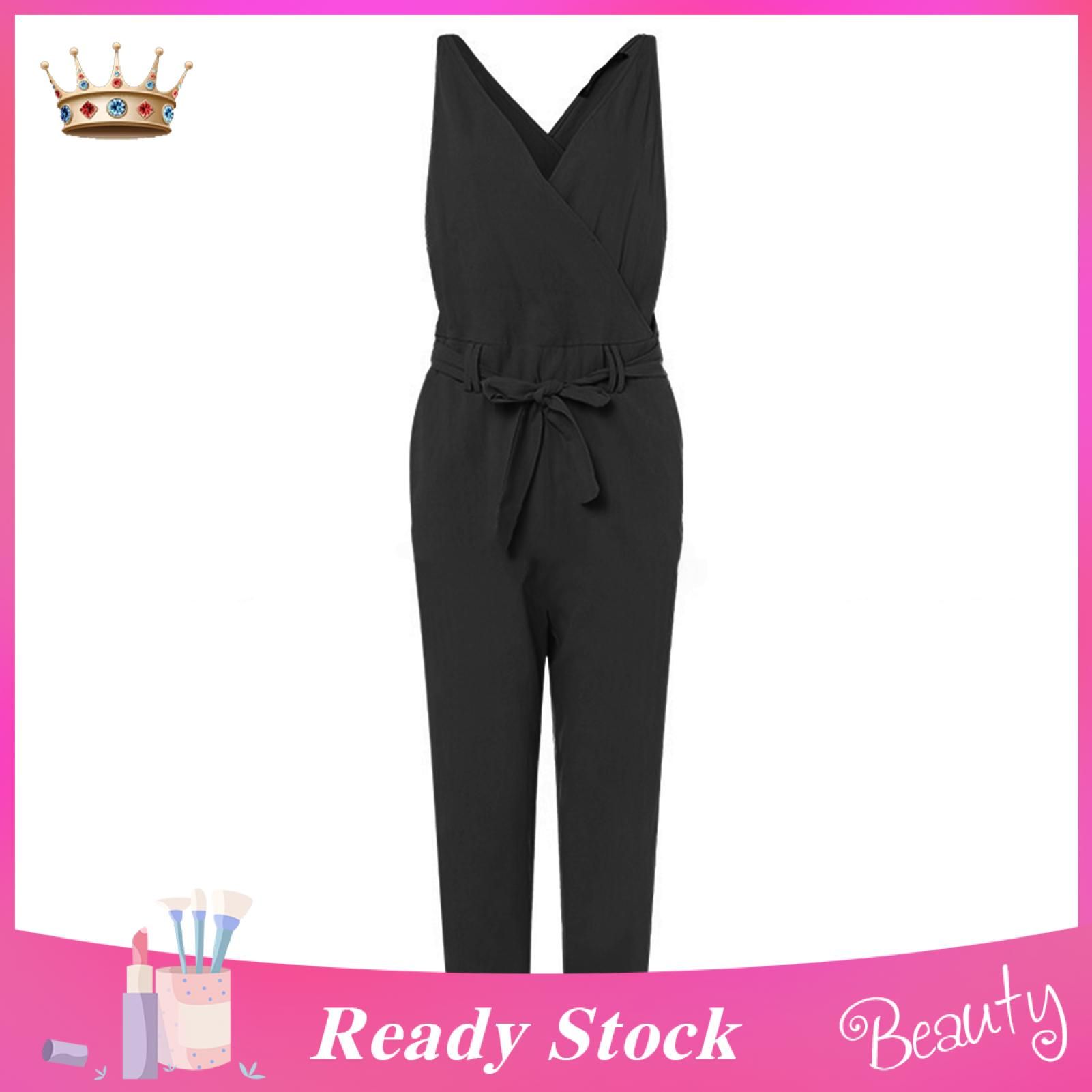 Women Romper Soft Fabric Tight Waist Deep Crotch Lady Jumpsuit
