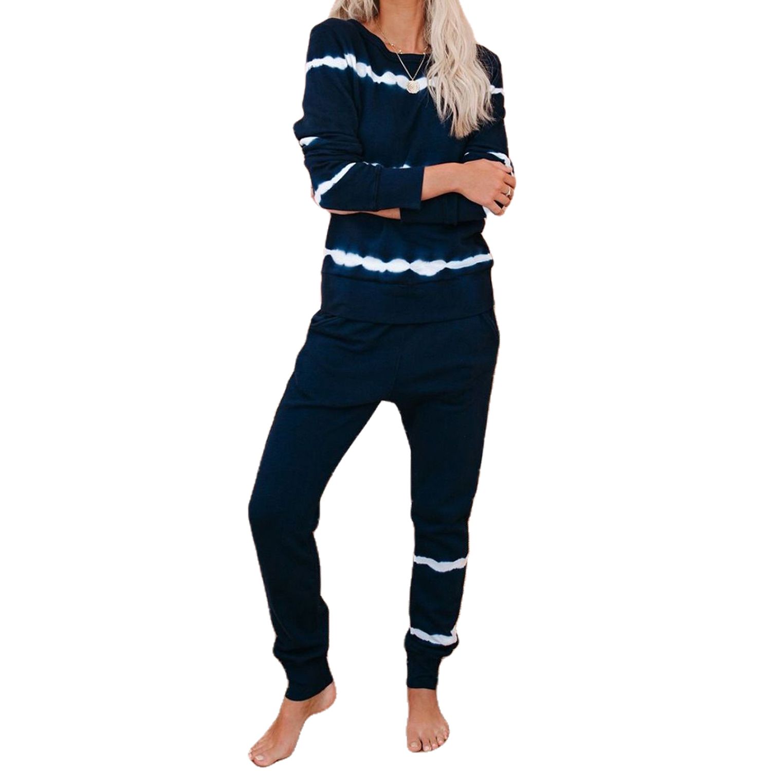 2021 Women’s 2 Piece Outfits, Casual Stripes Long Sleeve Top Pullover + Elastic Waist Pants Loungewear
