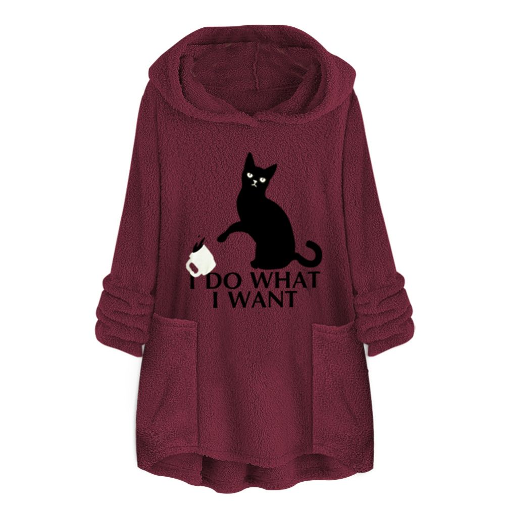 Women Autumn Cats Print Irregular Hem Pockets Midi Hoodie Sweatshirt