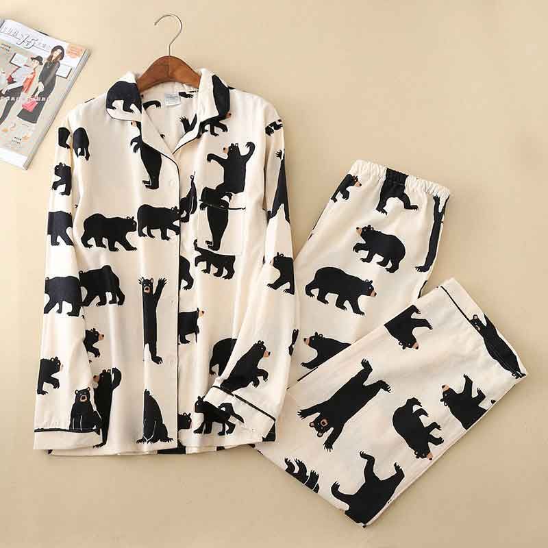 Pajamas Women Kawaii Cartoon Pajamas 100% Brushed Cotton Female Cute Night Suit Long Sleeve Sleepwear Big yard S-L