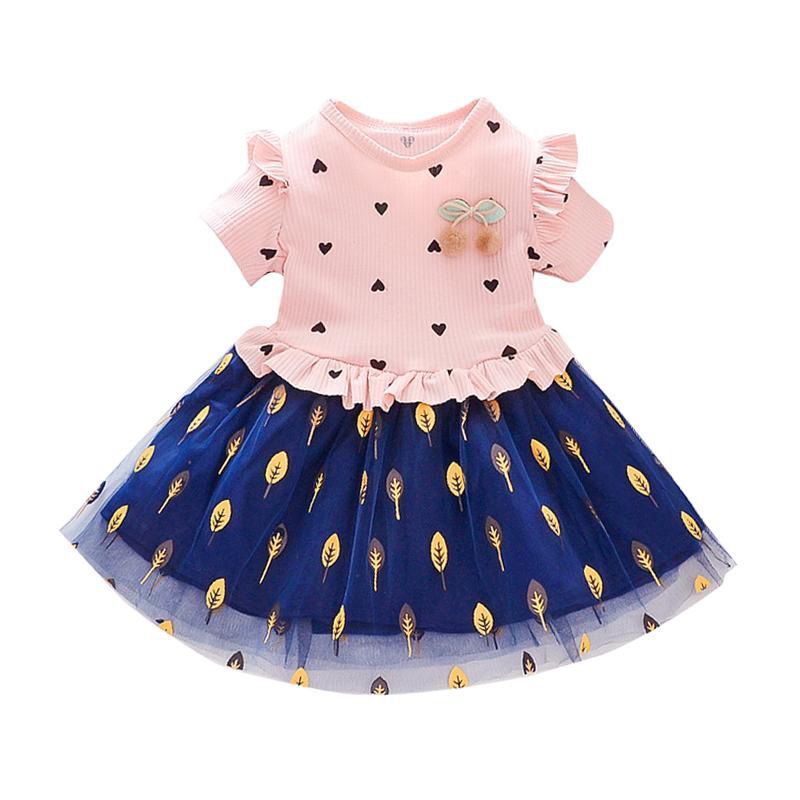 Summer Casual Baby Girls Short Sleeve Heart Leaves Pattern Patchwork Dress Kids Toddler Princess Sundress
