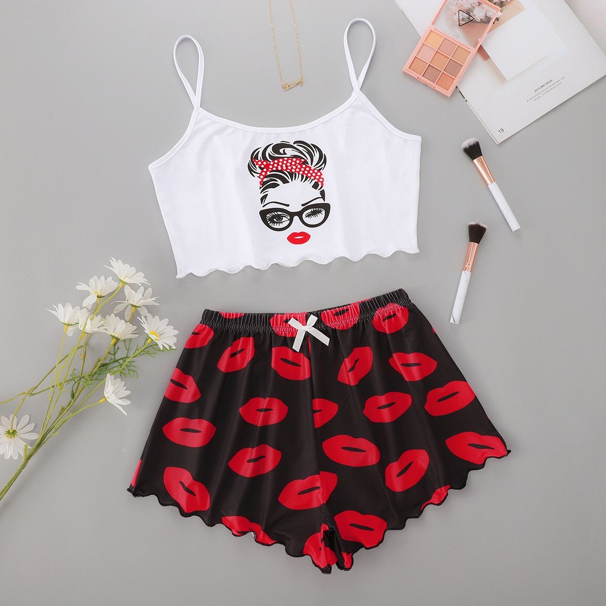 Spaghetti Strap Letter Print Pajama Set Sleeveless Trim Pyjamas Sleep Shorts Set Lace Pijama Suit Sleepwear Women y Nighties