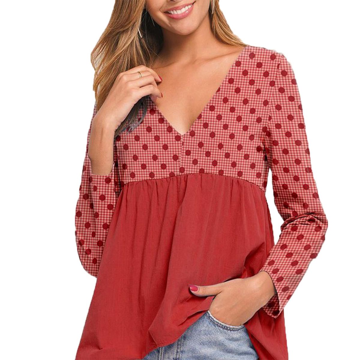 New Women New Style V-neck Long-sleeved T-shirt Female Loose Wild Printed Irregular Stitching Bottoming