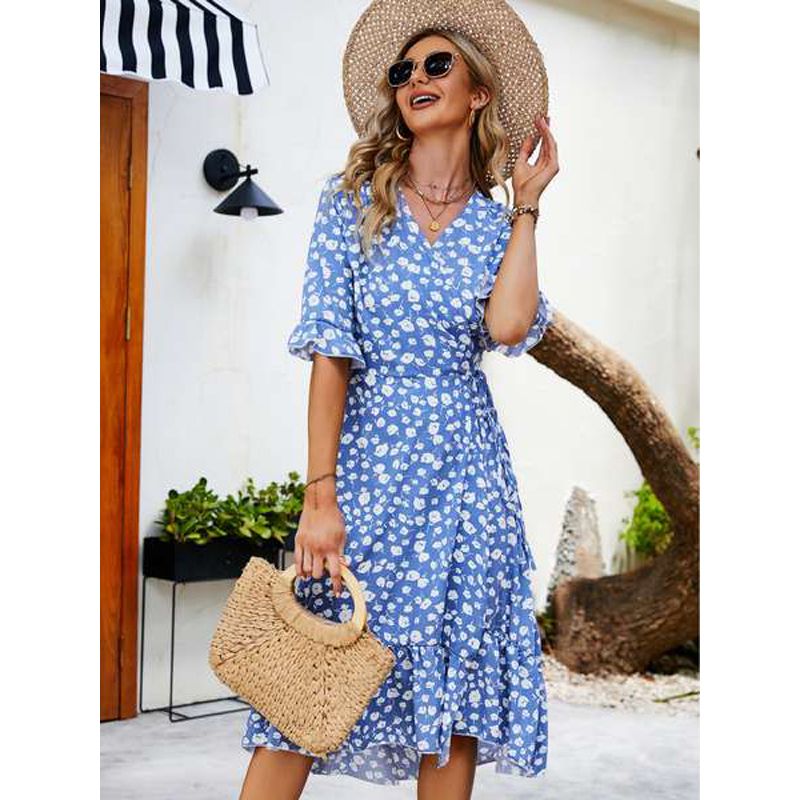 Print ruffled Self Tie Wrap Dress
