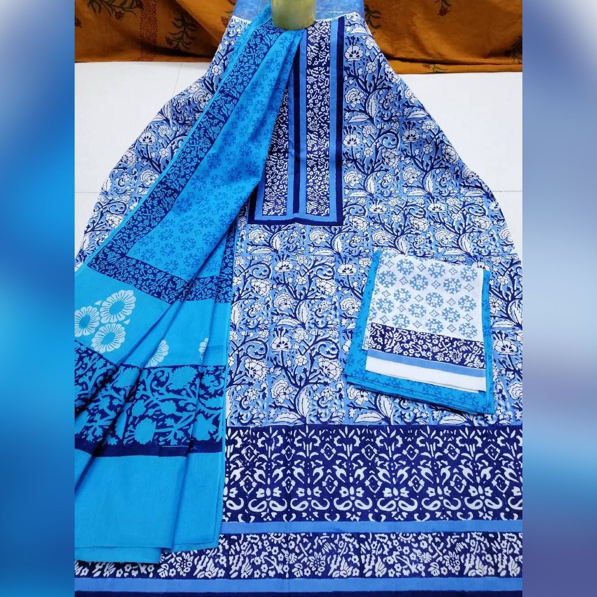 ব্লক প্রিন্ট থ্রি-পিস-Block Print Cotton Three Piece [3 Piece] For Women - 3 Pice Dress