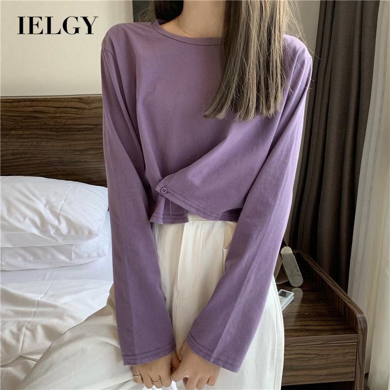 IELGY Women's shirt Cotton Solid color Short Long sleeve White Autumn Round neck Loose