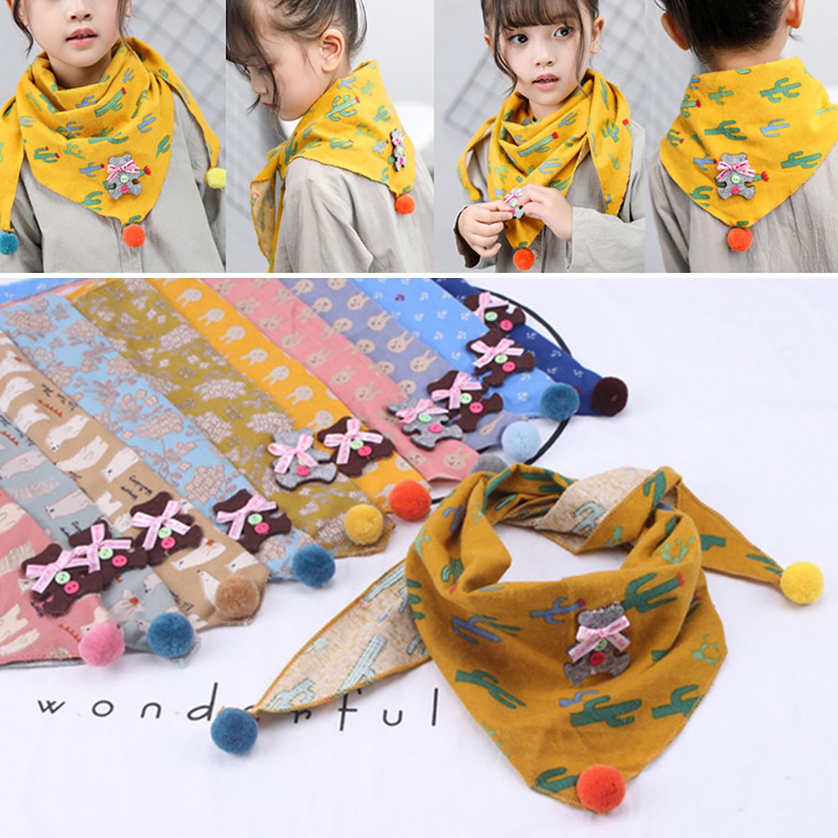 3Pcs/Set Fashion Kids Triangular Scarf Toddler Cute Cartoon Pompoms Neckerchief
