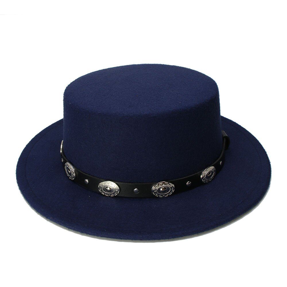 LUCKYLIANJI Women Men Vintage  Wool Wide Cap Pork Pie Porkpie Hat Punk Alloy Bead Leather Band (57cm/Adjusted)