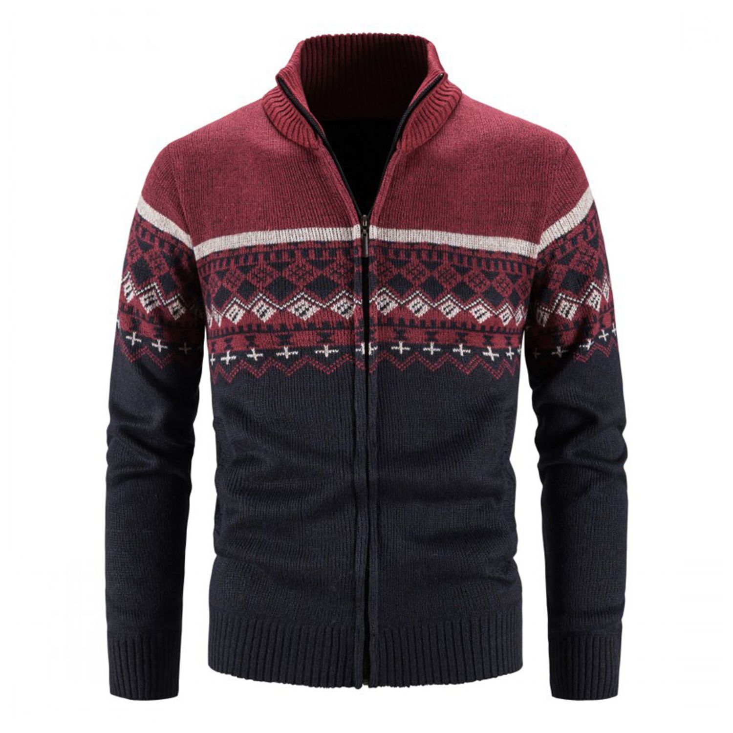 Knitted Cardigan Zipper Closure Print Patchwork Slim Fit Knitted Cardigan