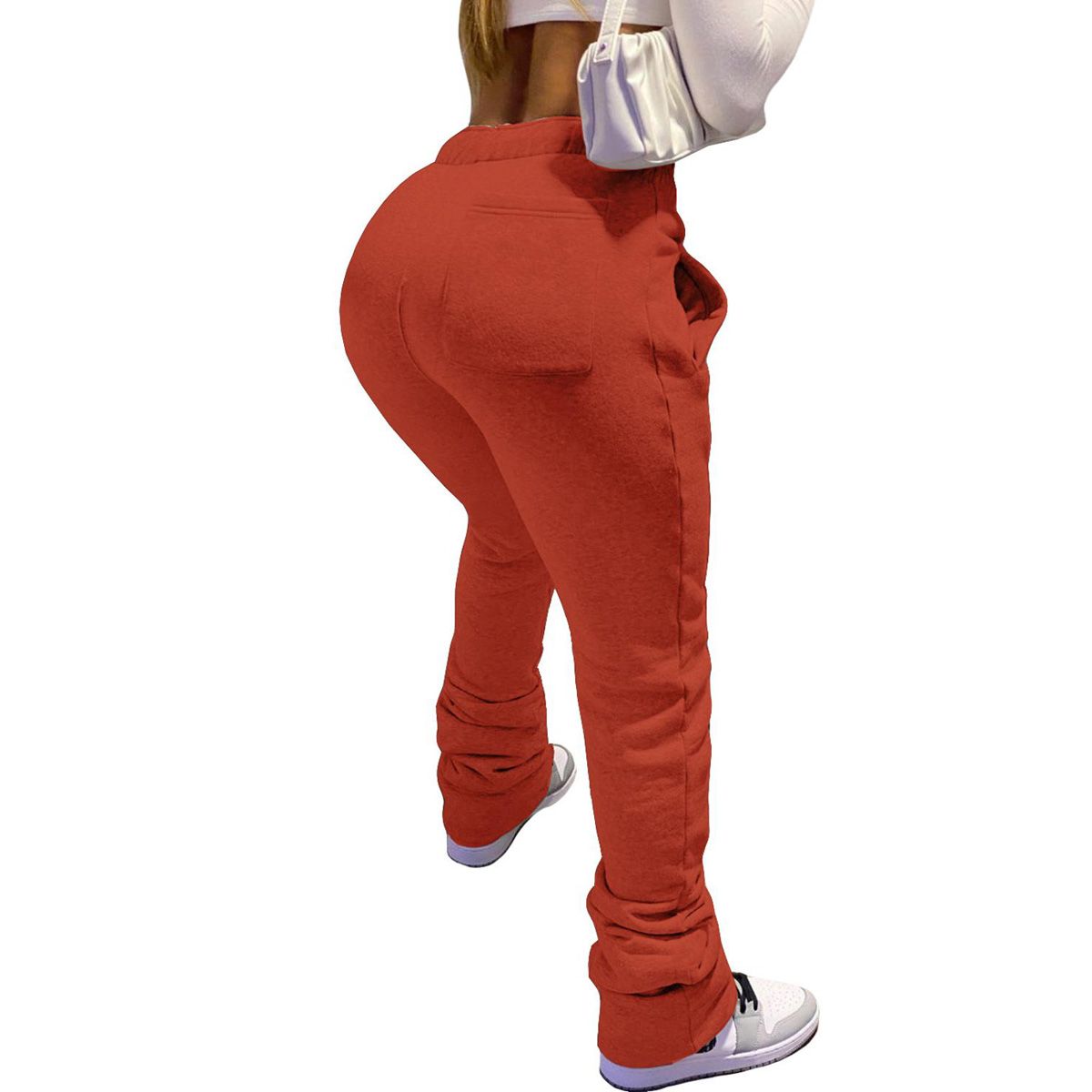 Stacked Pants Women Solid High Waist Drawstring Bell Bottom Flare Pleated Pants Casual Active Leggings Sweatpants Trousers