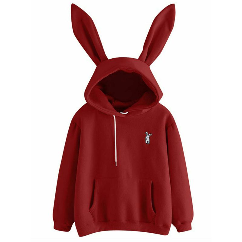 Ladies Cute Bunny Rabbit Ears Hoodie Hoody Sweatshirt Pullover Sweater Plain Design Jumper