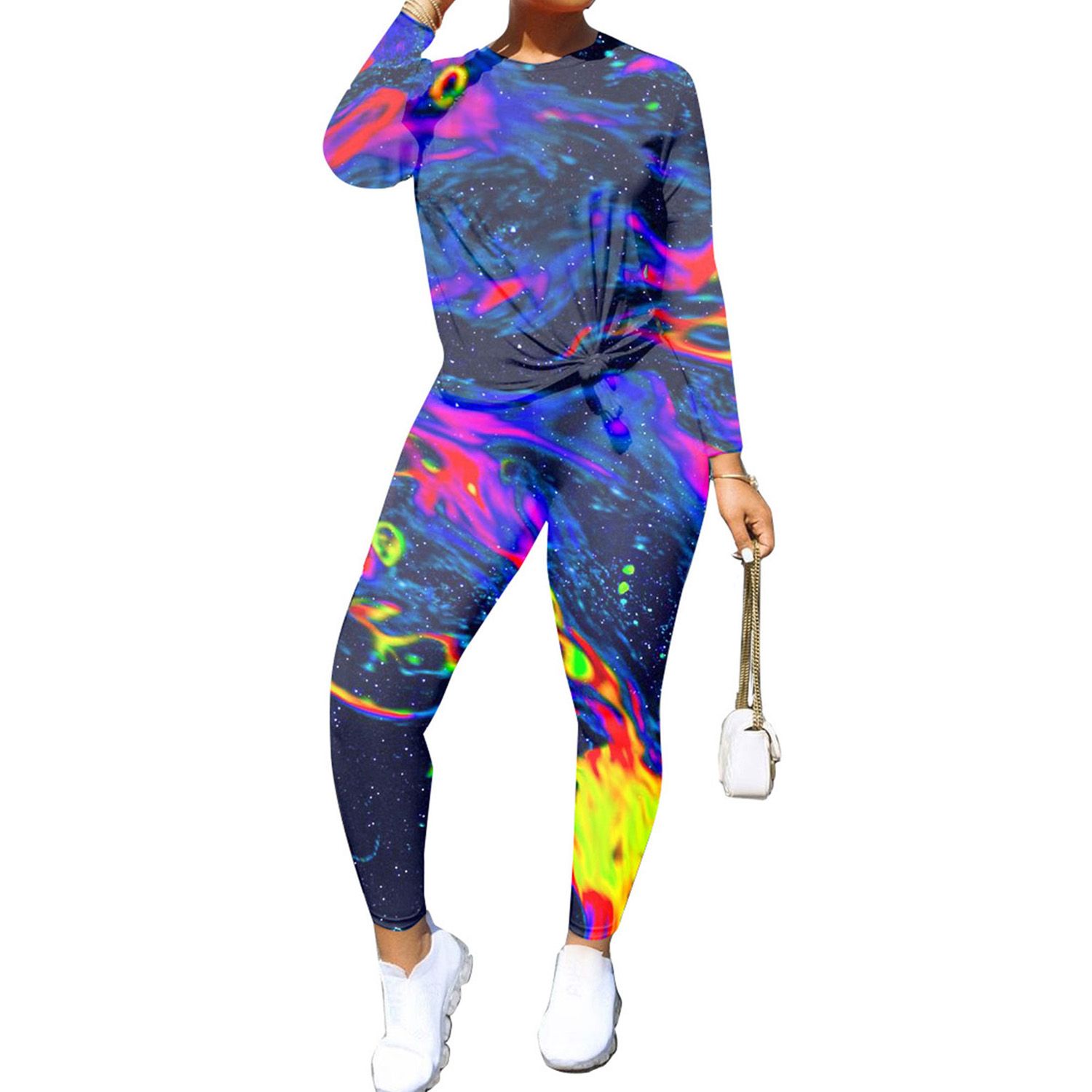 2021 Women's Long Sleeve Trouser Suit, Tie-dye Round Collar Sports Set, Casual Tight Outfits