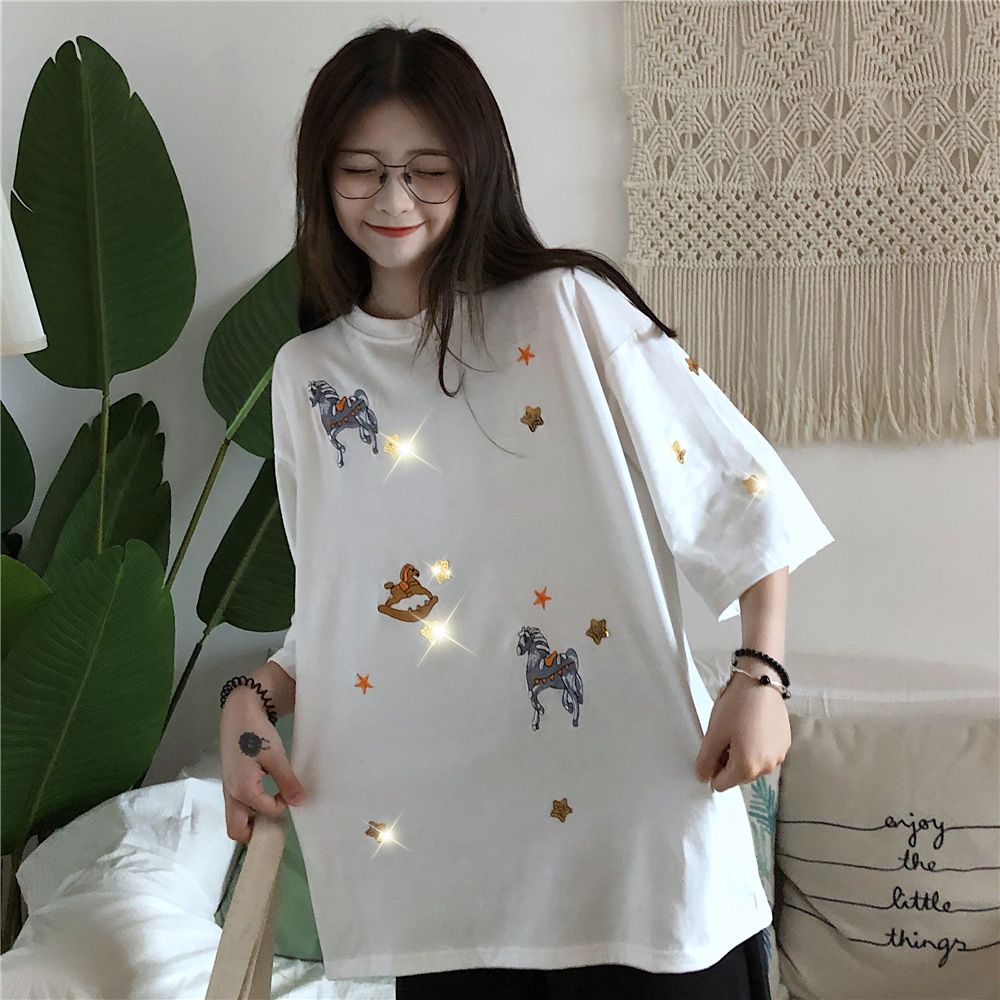 Women Casual Loose T-Shirt, Round Neck Short Sleeve Tee Tops Embroidery Pattern Blouse for Summer Spring