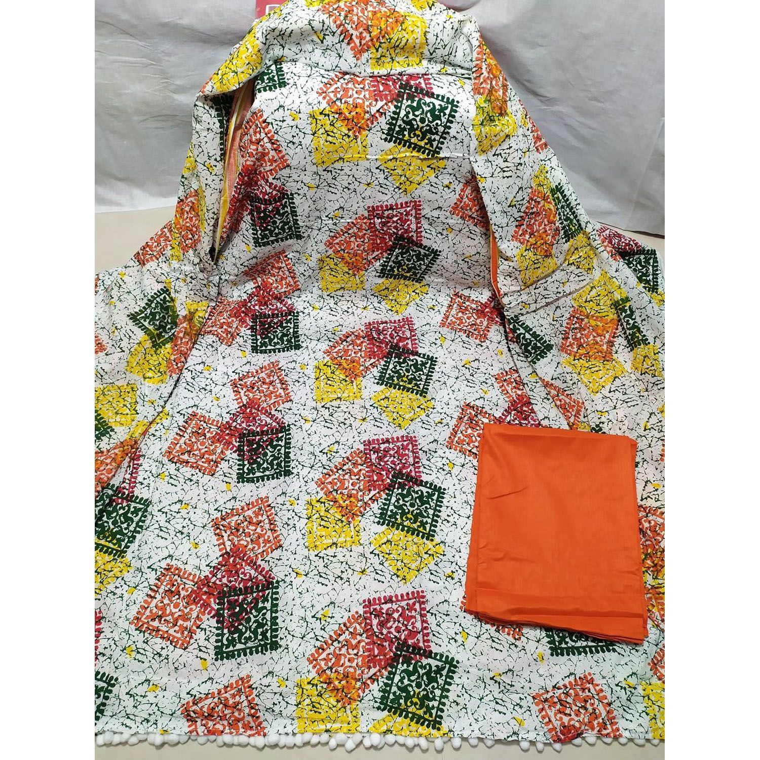 Unstitched white Color Cotton screen Printed Salwar Kameez for Women by Women World