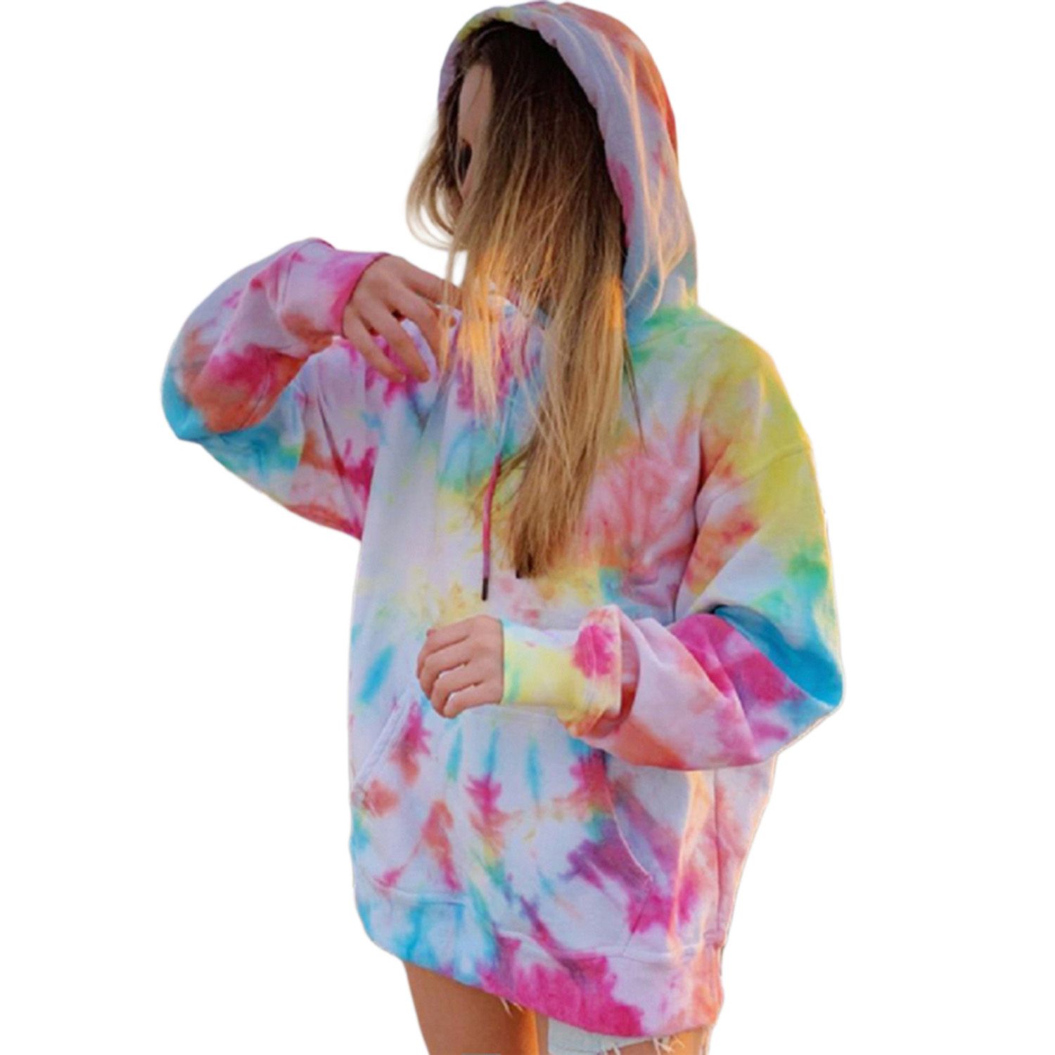 2021 Woman Tie-dye Hoodie, Long Sleeve Front Pocket Drawstring Pullover Loose Sweatshirt