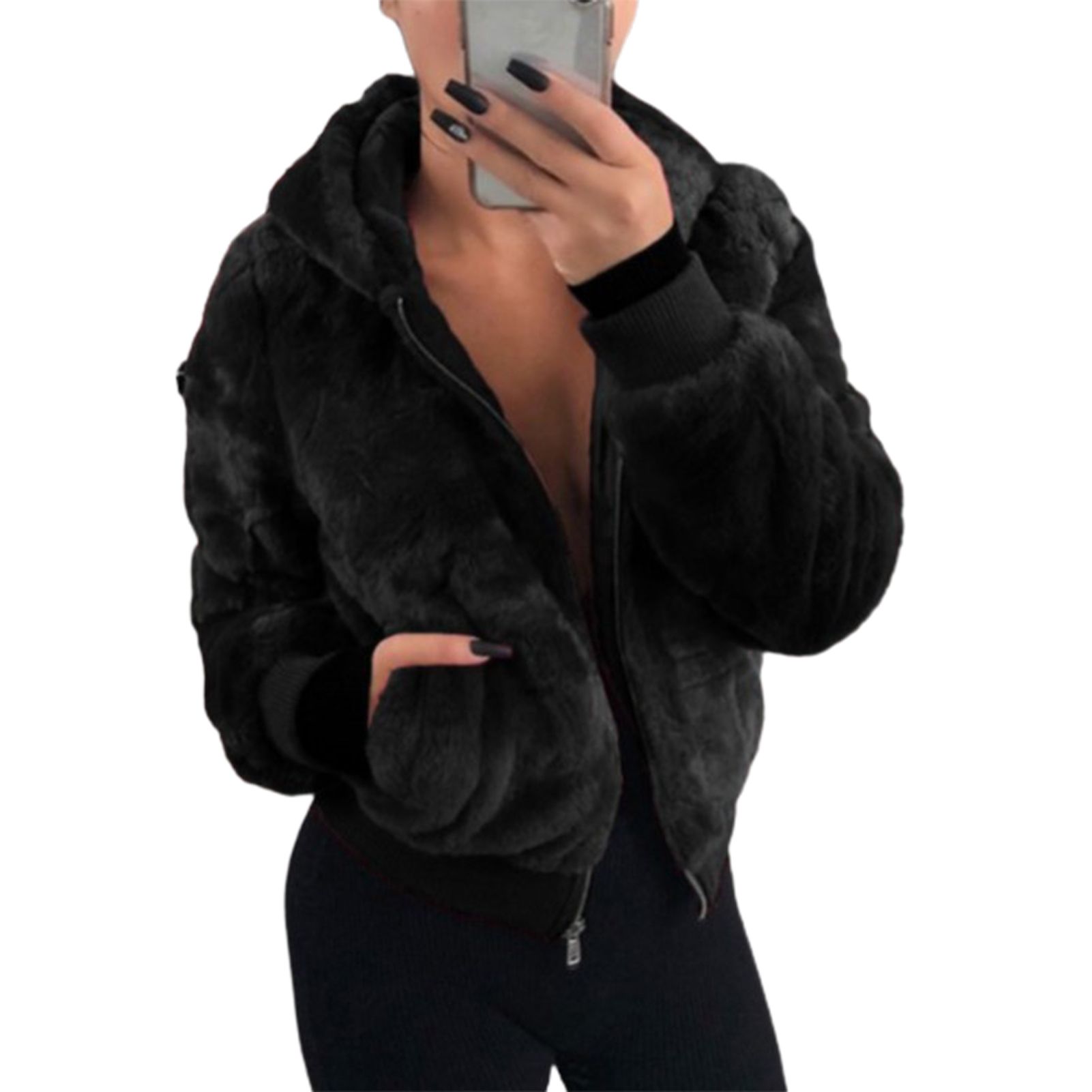 Zipper Hoodie Windproof Women Fleece Coat