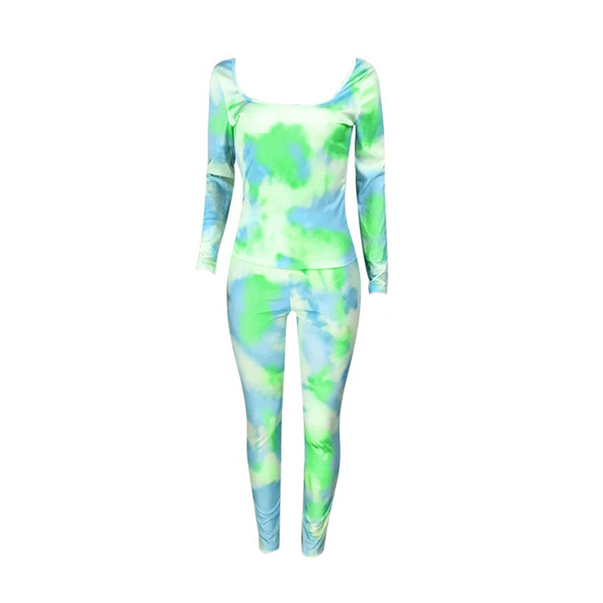 2021 Women’s Two Piece Casual Clothes Unique Tie-dye Long Sleeve Pullover Top and Elastic High Waist Tr