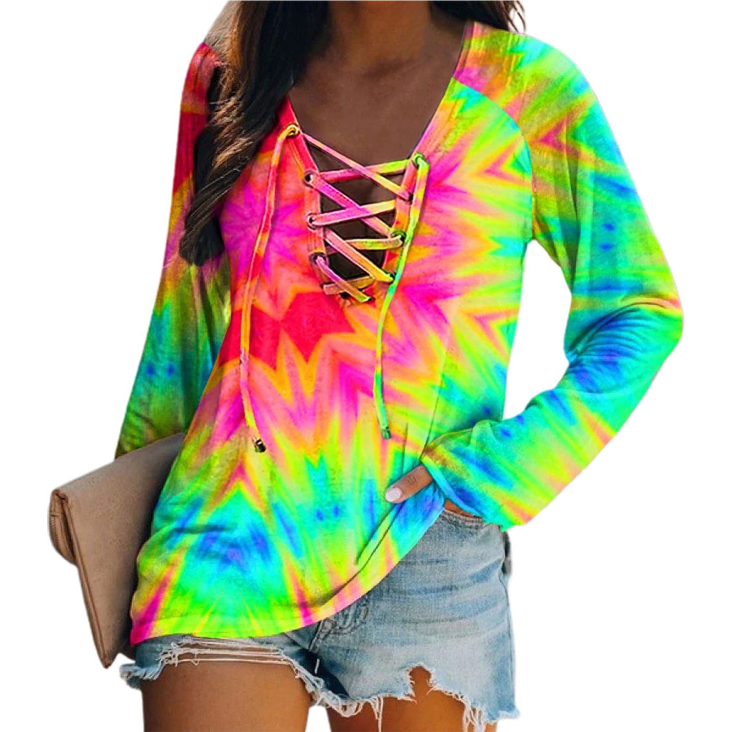 T-shirt Blouse Star Print Front Bandage Strap Loose Tee Shirt