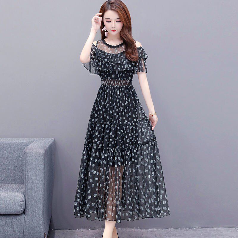 Summer Floral Print Ruffle Chiffon Dress Women Plus Size 4XL Elegant Off Shoulder Mesh A-Line Dress New Casual Beach Party Dress