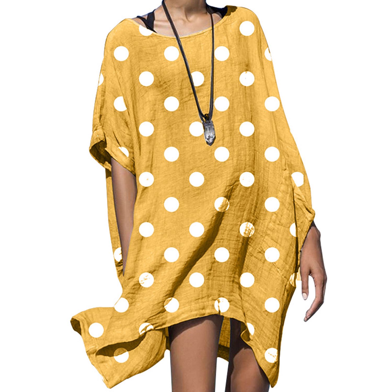 2021 Women's Summer Cotton and Linen Dress Polka Dot Printed Irregular Sleeve Dress (S/M/L/XL)