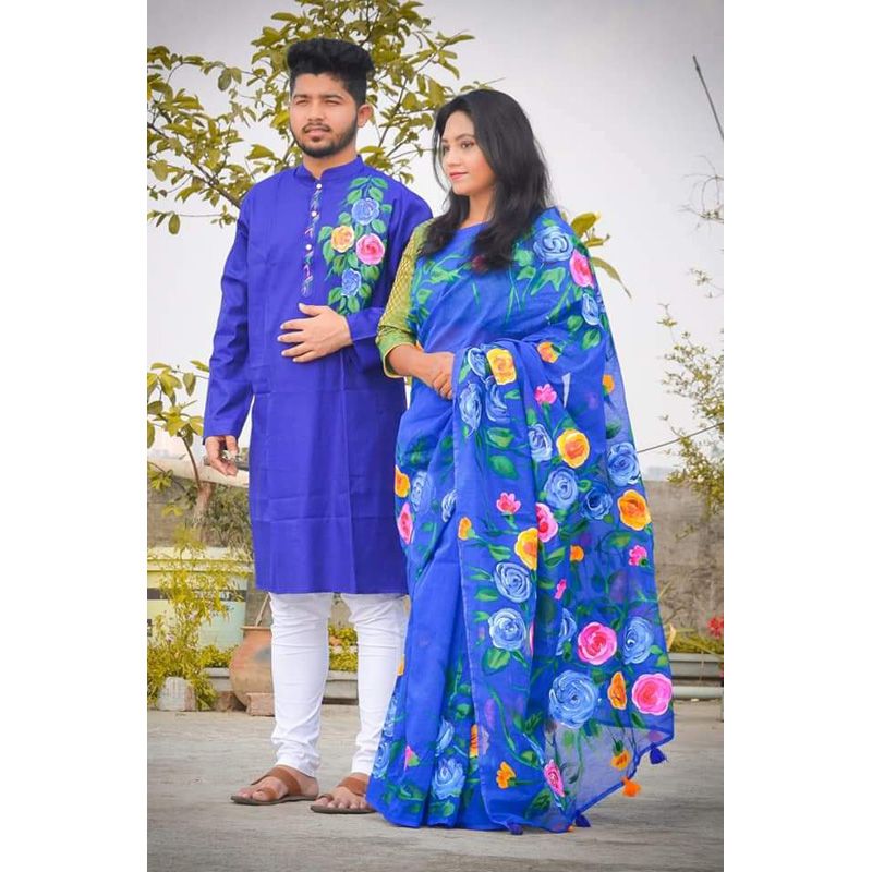 Hand Print[Rong-Tuli} Couple Combo Set Half Silk Share And Dhupiyani/Half Silk Panjabi For  [ Sharee and panjabi] for man and women or gift or yourselfs.