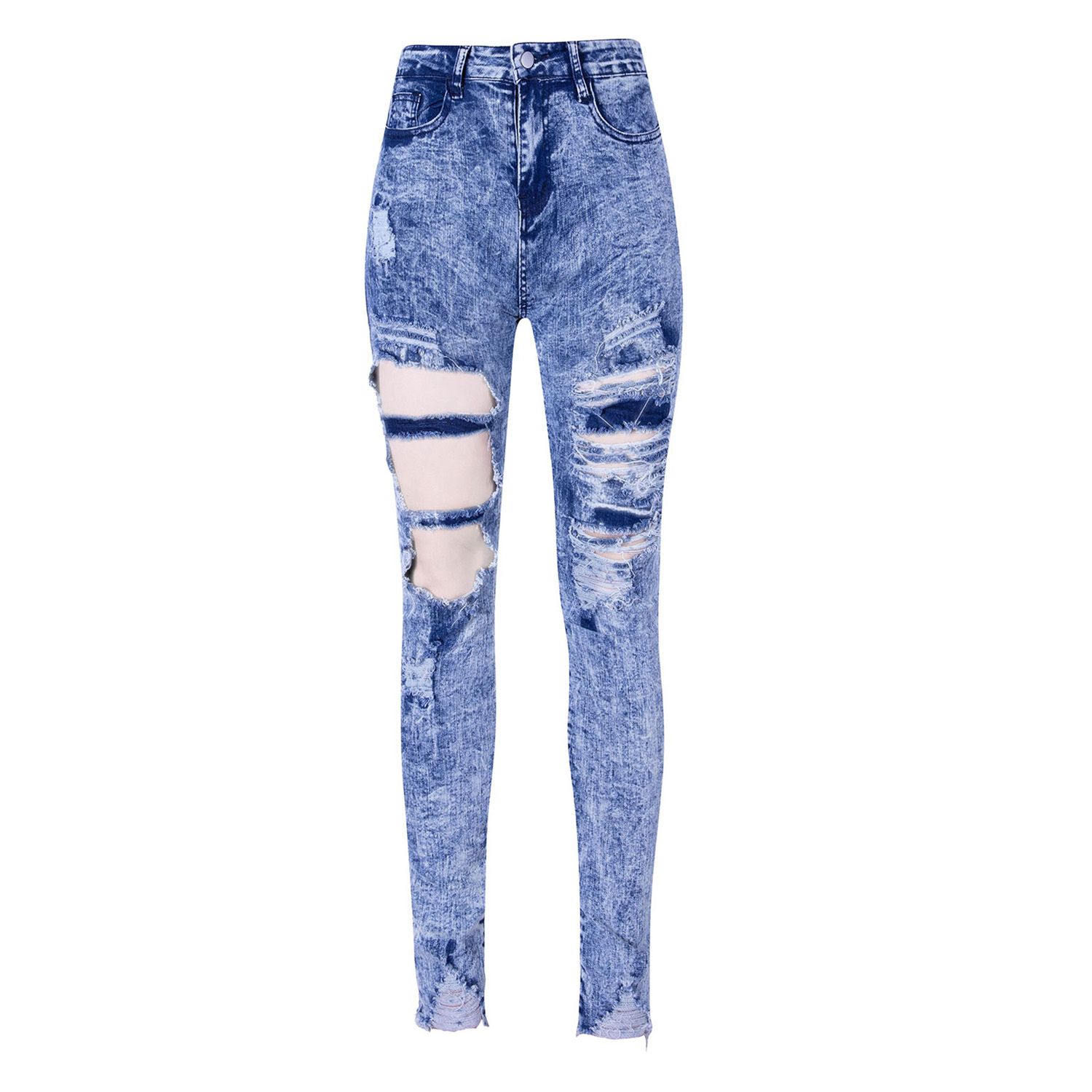 Women's Long Ripped Jeans, Style Personalized High-waisted Trousers, Fashion Tight Solid Color Pants