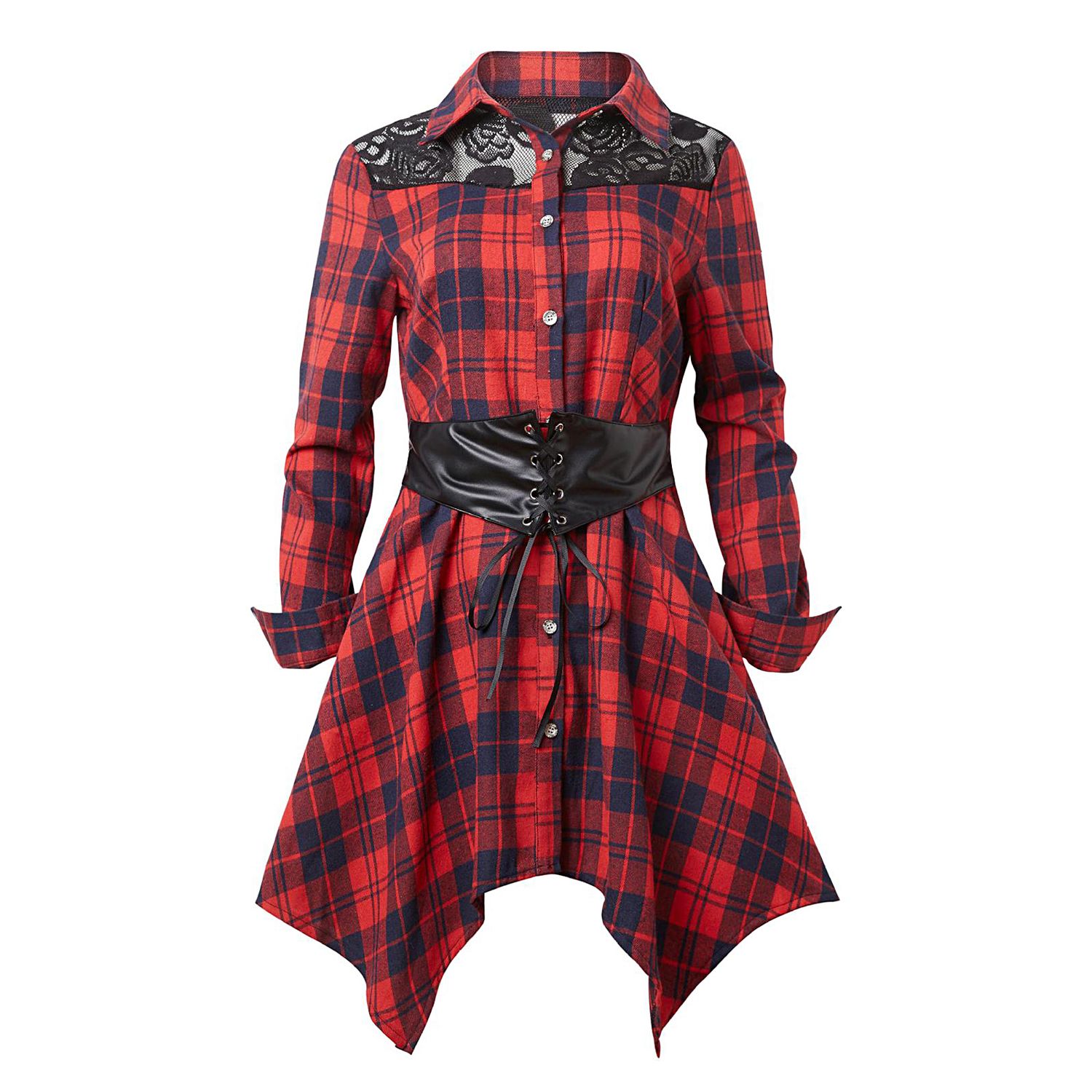 Women Shirt Classic Plaid Pt Belted Casual Shirt Blouse
