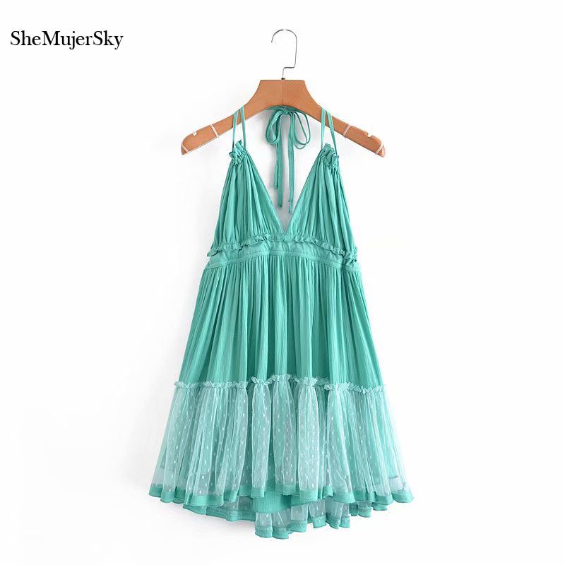 Backless Lace Spliced Dress Summer Halter V-neck Mini Dresses Woman Dress Elegant Evening