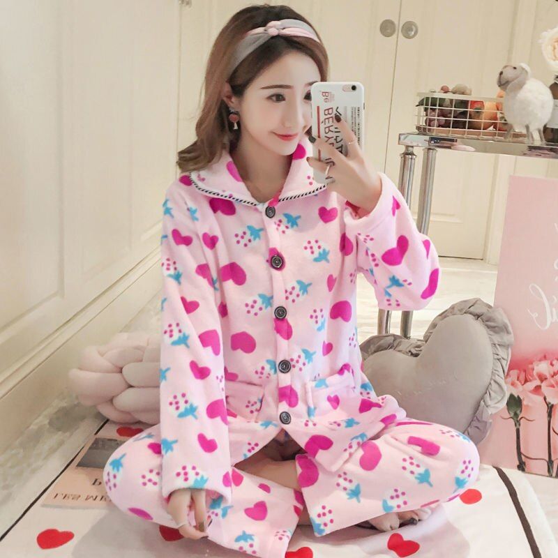Pajama Sets Women Winter Thicker Plus Velvet Flannel Princess Style Sweet Kawaii Female Nightclothes Home Comfortable Warm Ins