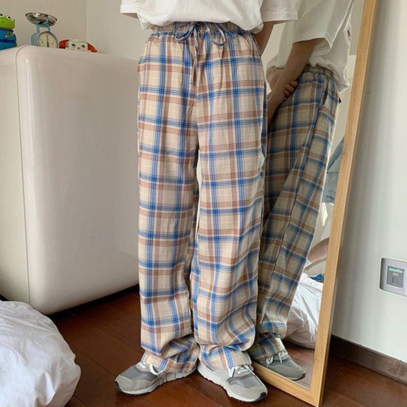 Straight Wide Leg Pant Sweatpants Jogger Clothes Pantalones Siz Simple Vintage Plaid Long Women Pants Street Fashion